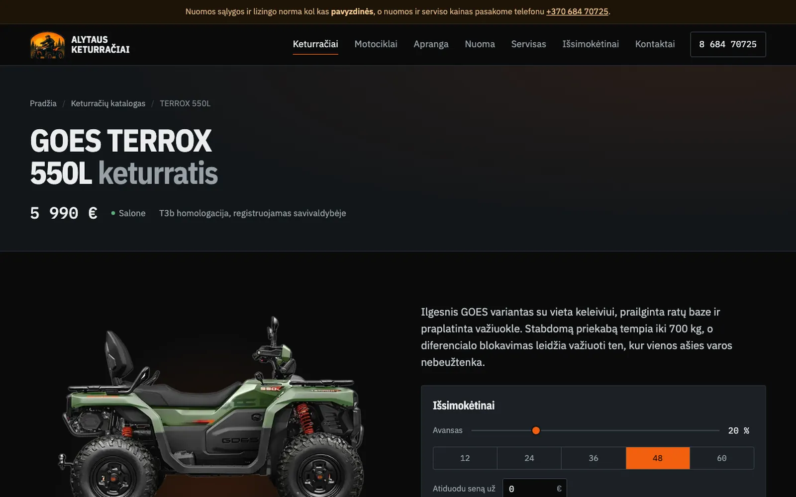 GOES TERROX 550L modelio puslapis su kaina, būsena „Salone“ ir išsimokėtinai skaičiuokle