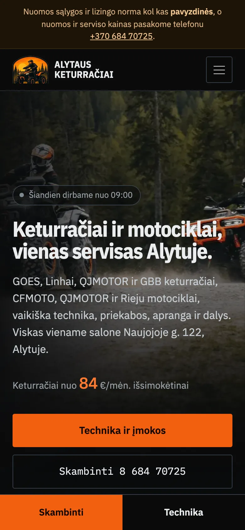 Alytaus Keturračiai pradžios puslapis telefone su apatine juosta „Skambinti“ ir „Technika“