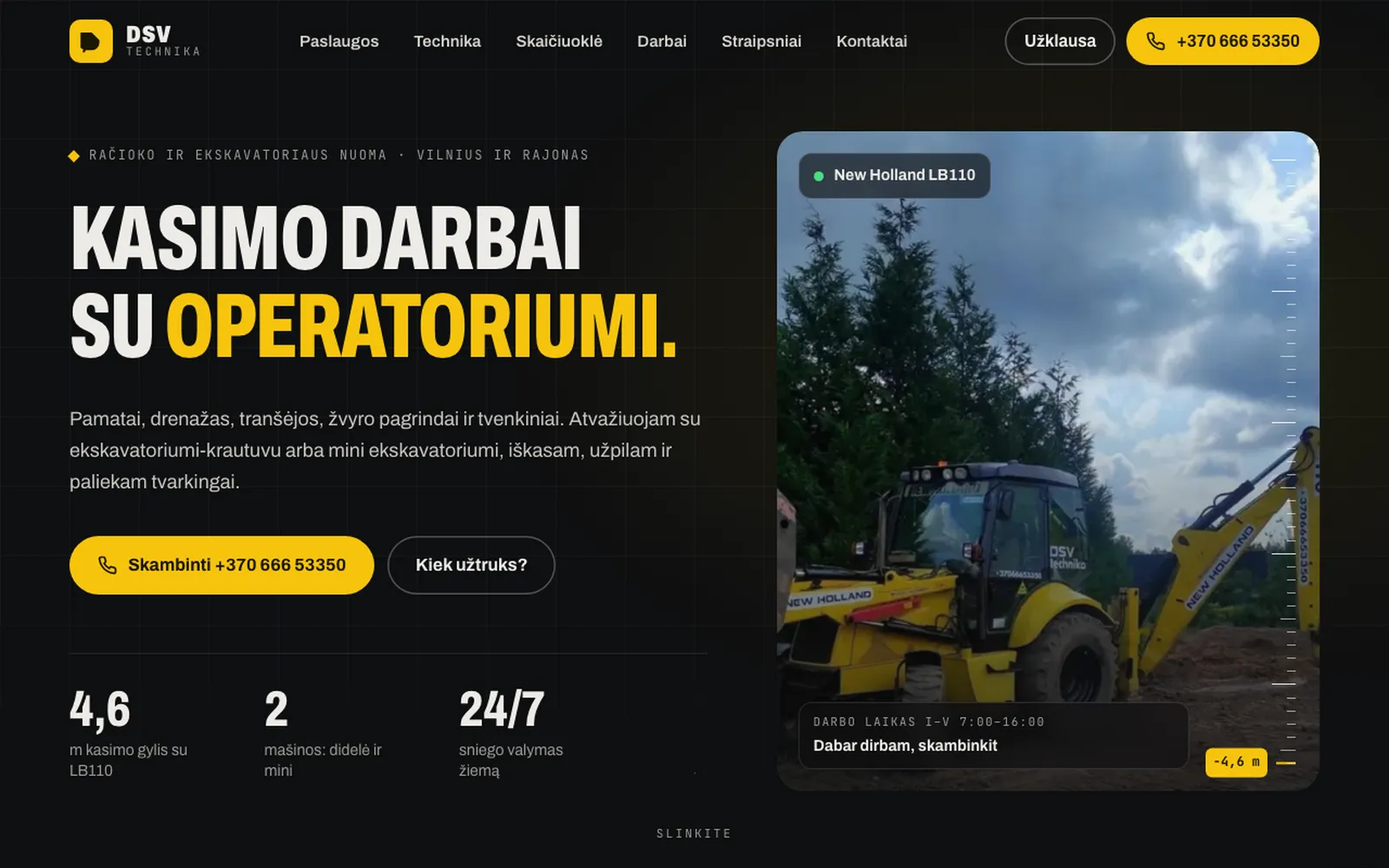 DSV technika pradžios puslapis: antraštė „Kasimo darbai su operatoriumi“ ir New Holland LB110 nuotrauka