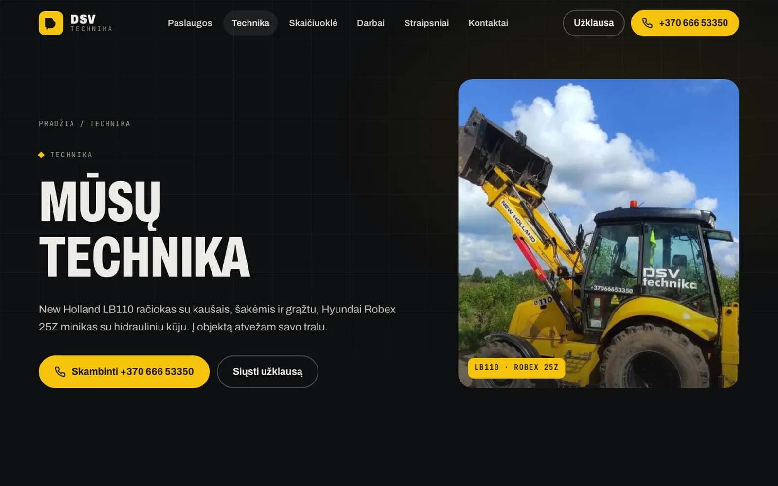 Technikos puslapis su New Holland LB110 nuotrauka ir antrašte „Mūsų technika“