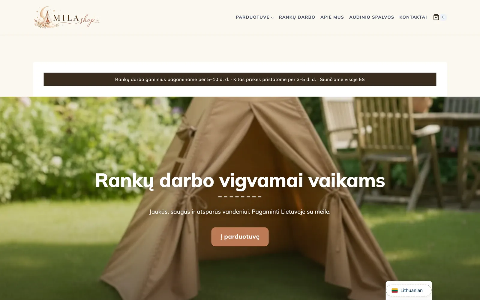 MILAshop pradžios puslapis su rankų darbo vigvamo nuotrauka ir mygtuku į parduotuvę