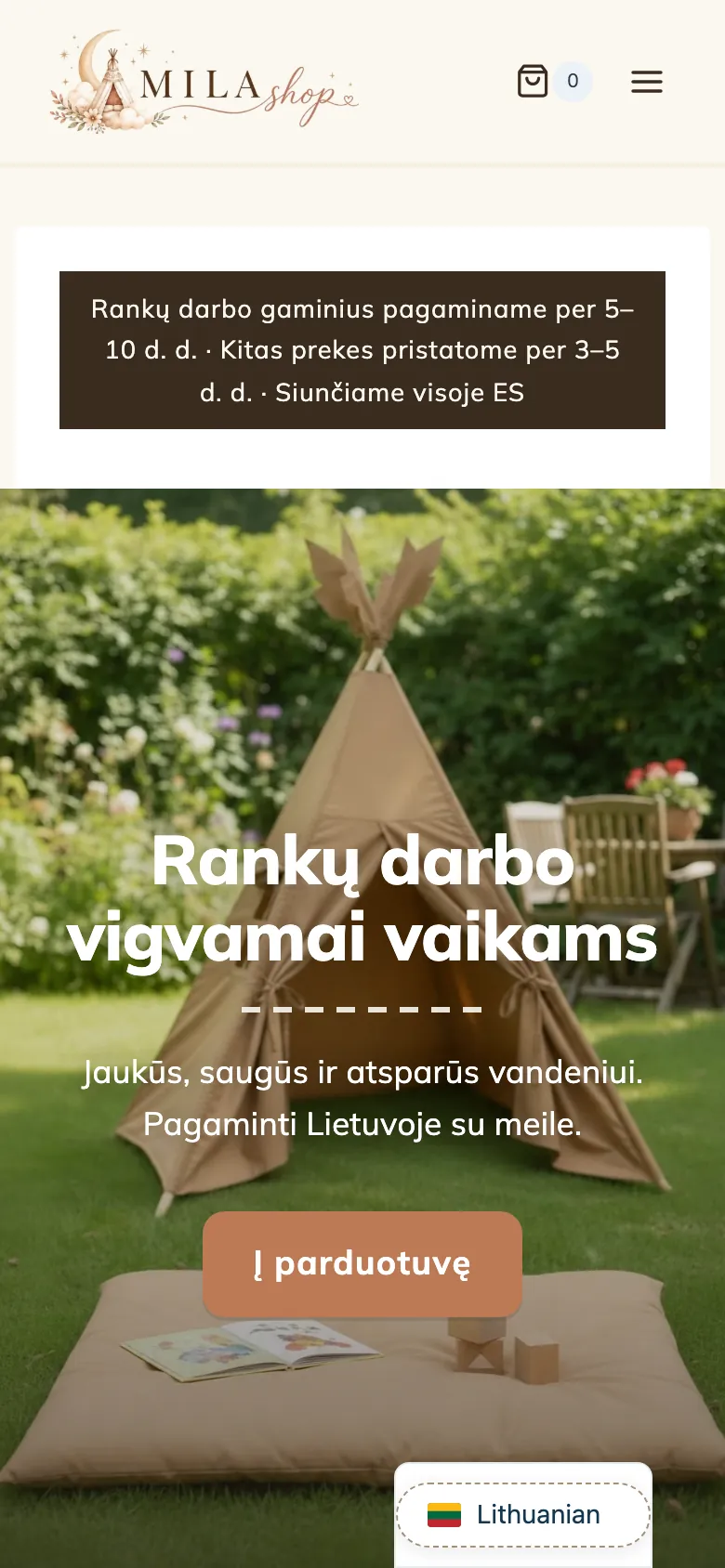 MILAshop pradžios puslapis telefone