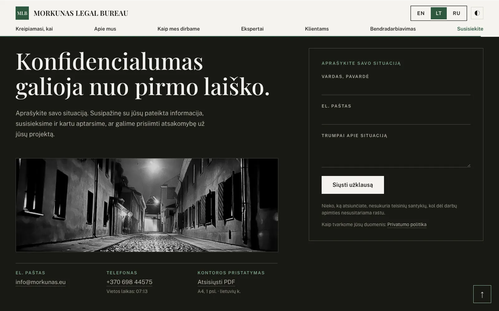 Kontaktų skiltis: antraštė „Konfidencialumas galioja nuo pirmo laiško“, situacijos aprašymo forma ir kontoros pristatymas PDF formatu