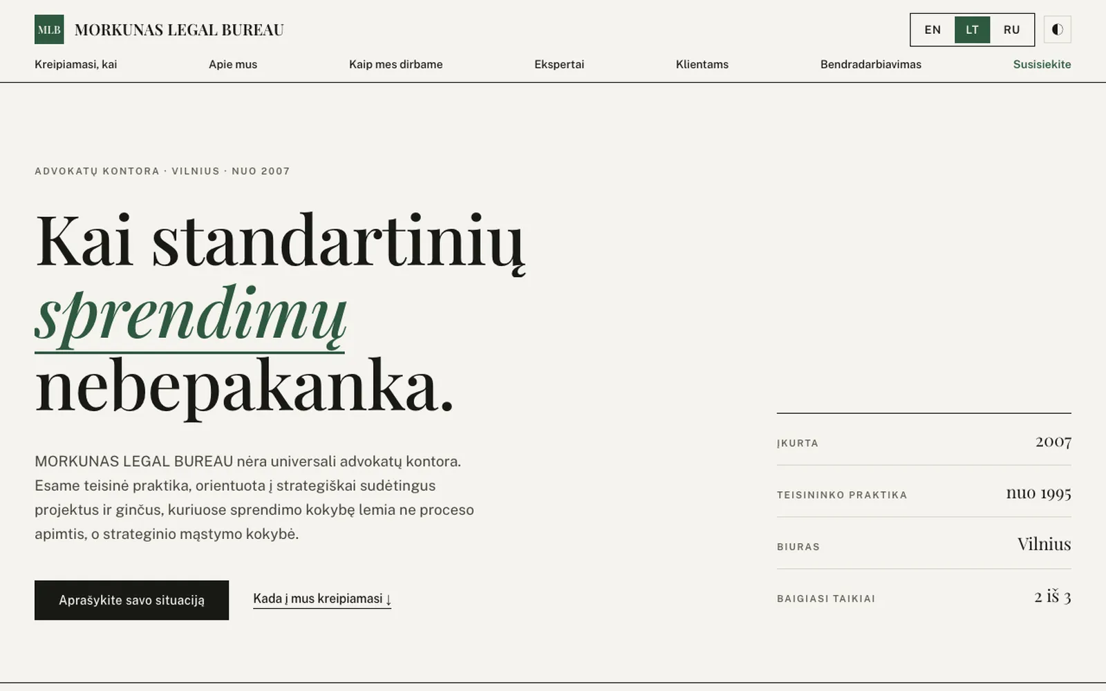 Morkūnas Legal Bureau pradžios puslapis su antrašte „Kai standartinių sprendimų nebepakanka“