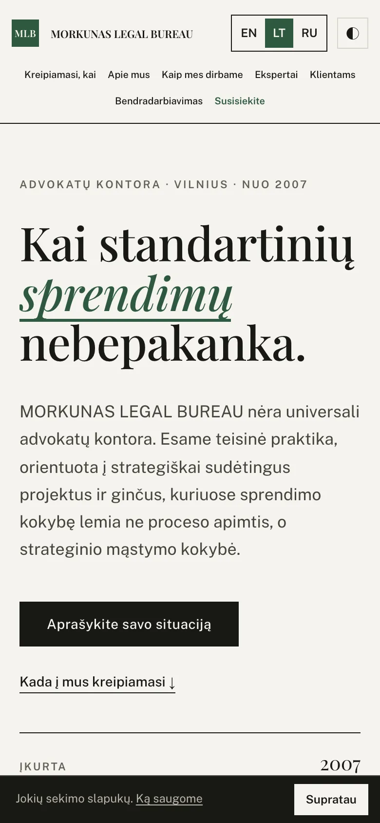 Morkūnas Legal Bureau pradžios puslapis telefone