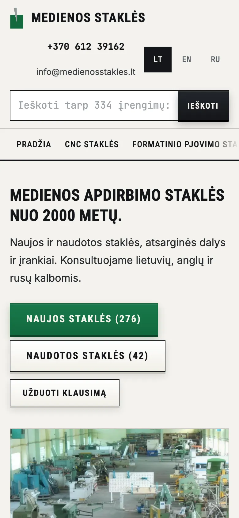Medienos staklės pradžios puslapis telefone