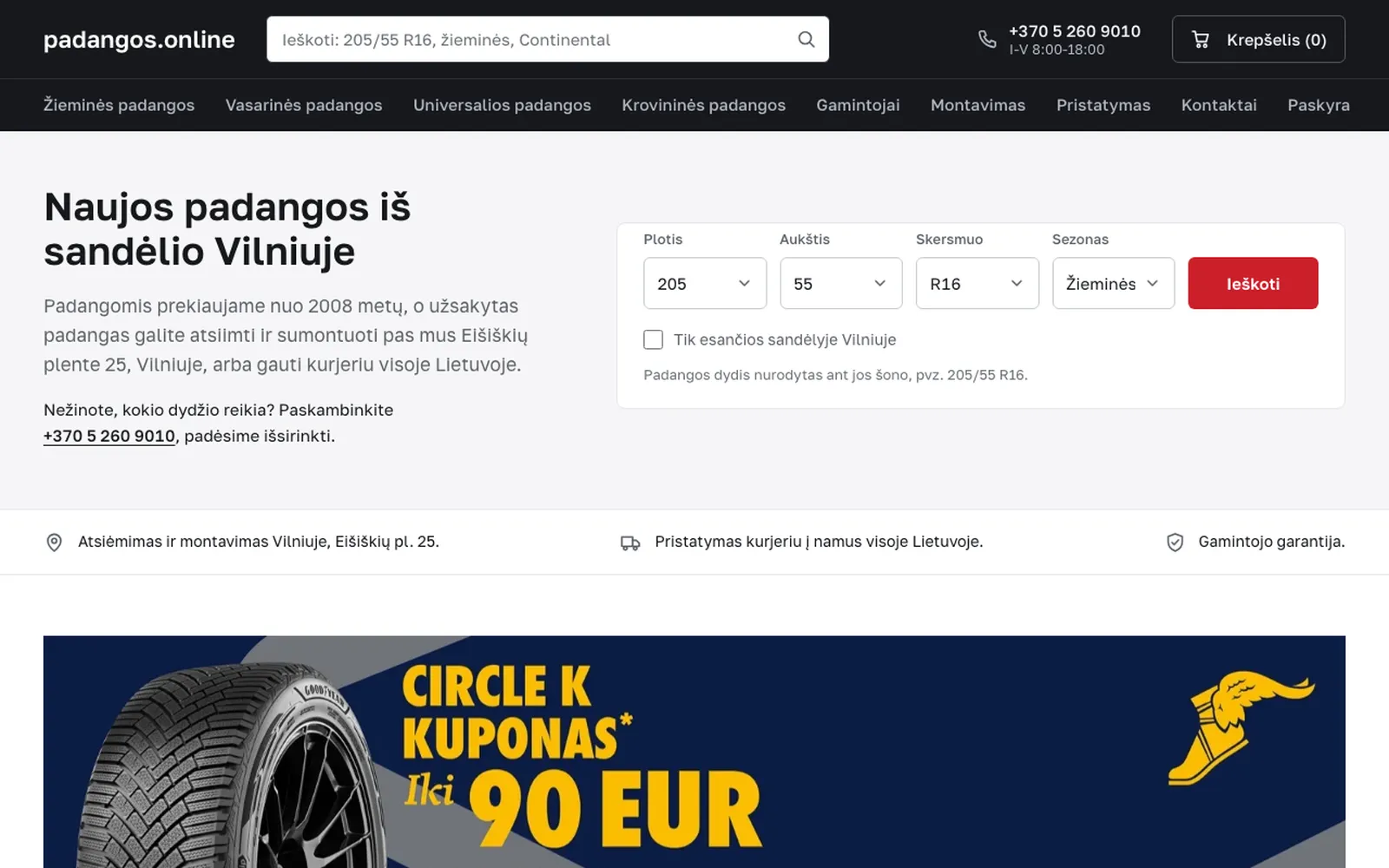 padangos.online pradžios puslapis: paieška pagal plotį, aukštį, skersmenį ir sezoną