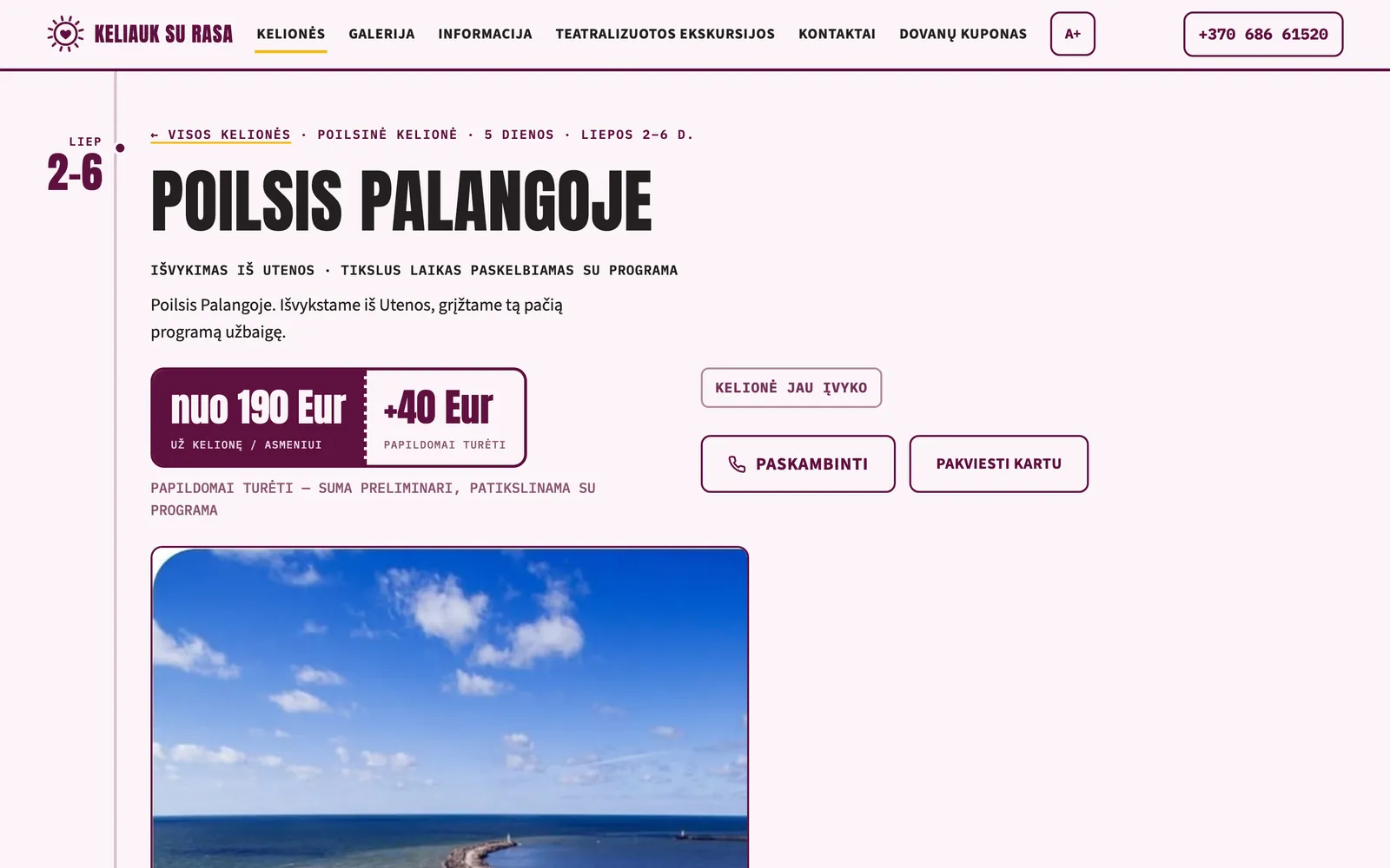 Kelionės „Poilsis Palangoje“ puslapis su kaina, programa ir rezervacijos mygtukais
