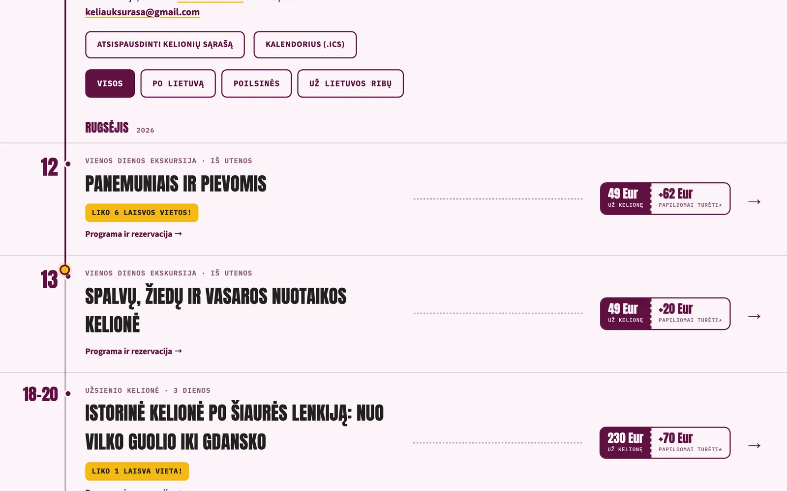 Kelionių sąrašas su datomis, laisvų vietų skaičiumi ir kainomis
