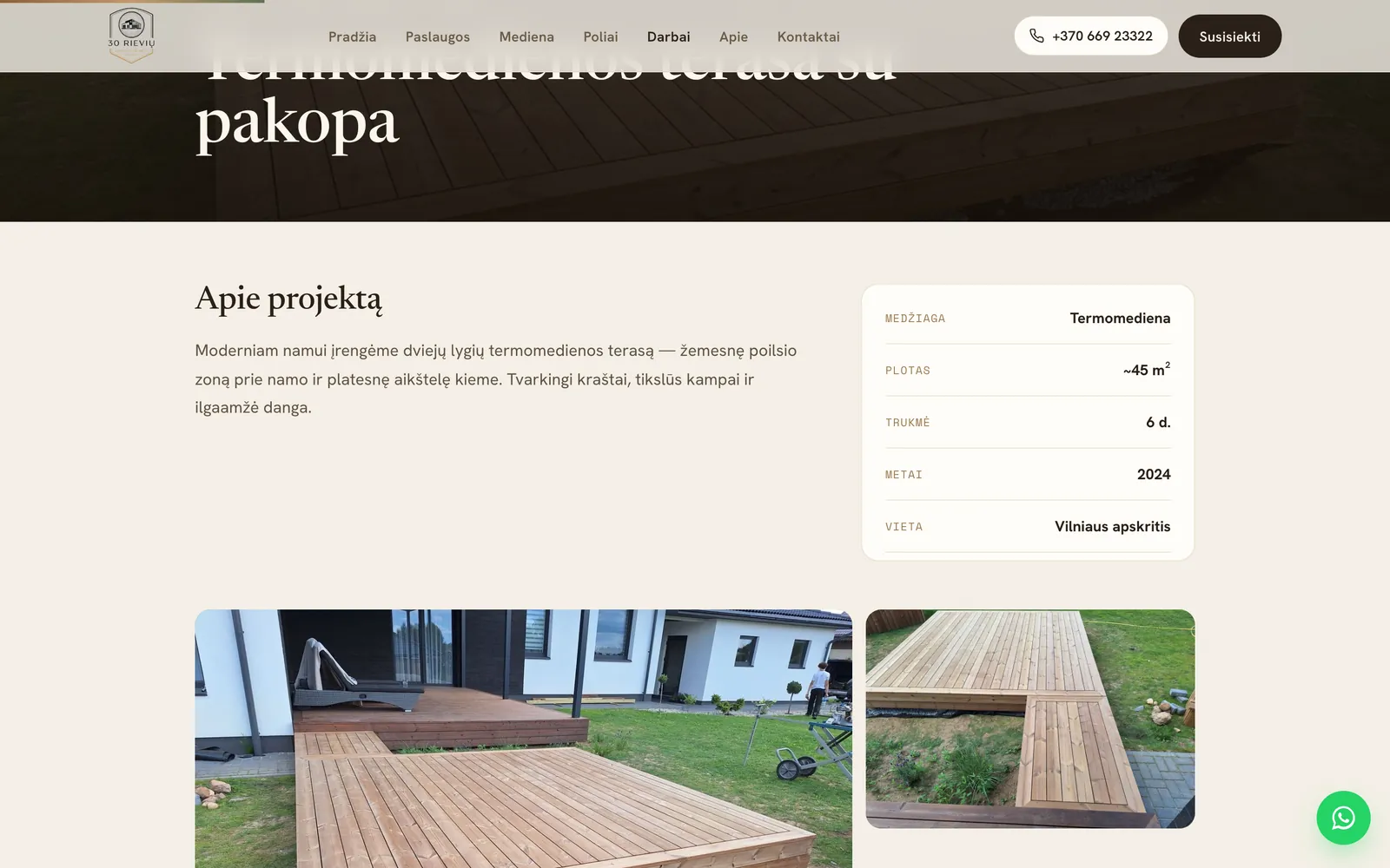 Projekto puslapis su nuotraukomis ir lentele: medžiaga, plotas, trukmė, metai, vieta