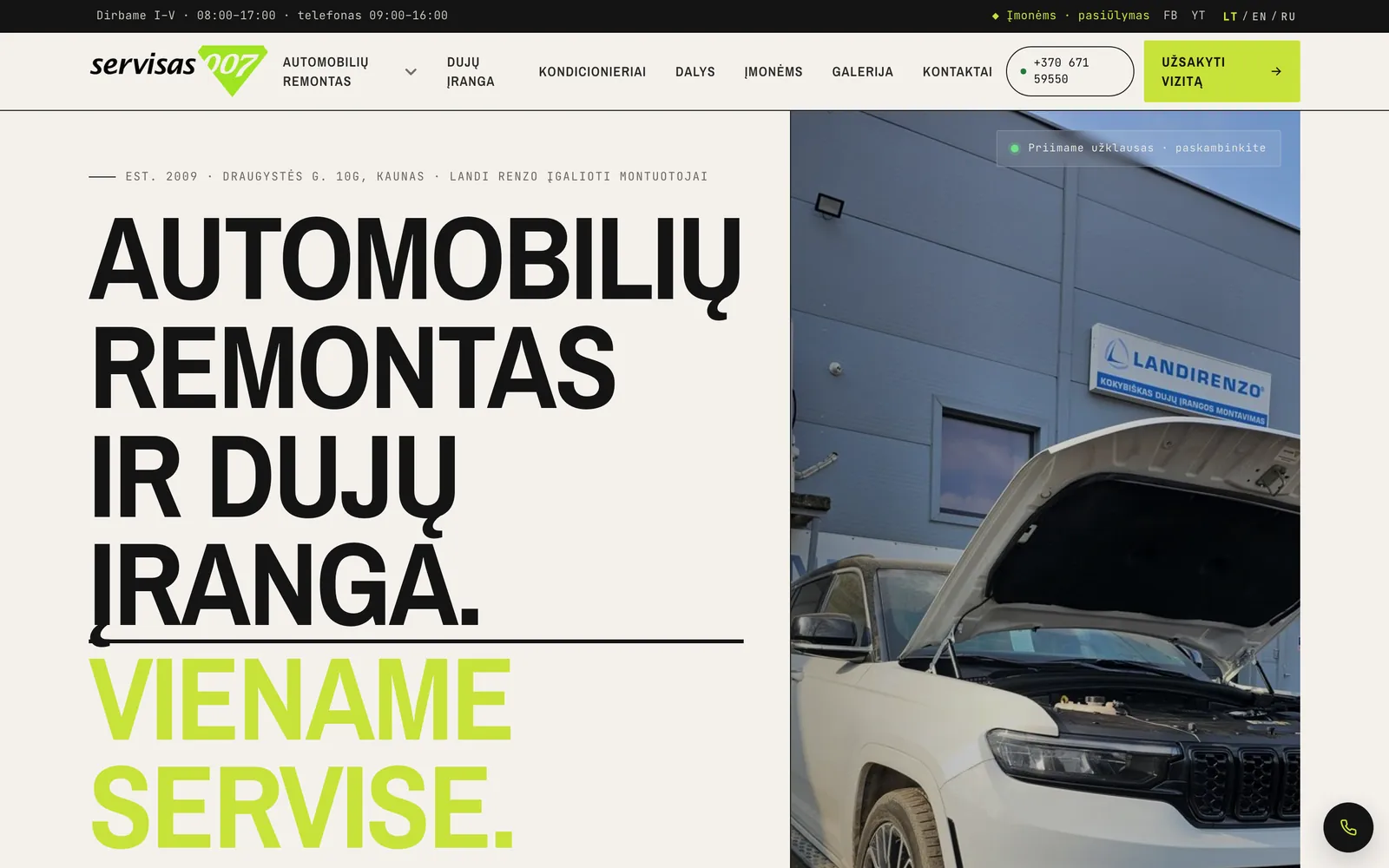 Servisas 007 svetainės pradžios puslapis su antrašte „Automobilių remontas ir dujų įranga viename servise“