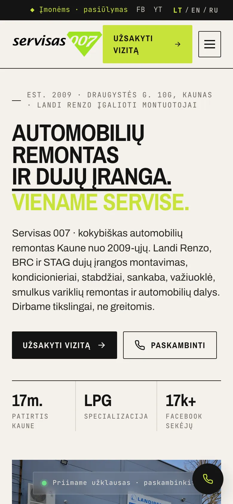 Servisas 007 pradžios puslapis telefone su patirties skaičiais