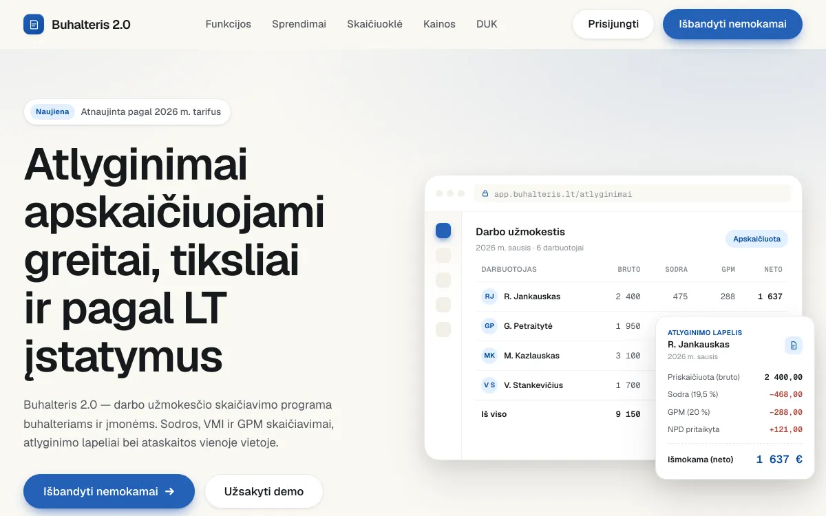 Atlyginimų programos pradžios puslapis: Produkto turas
