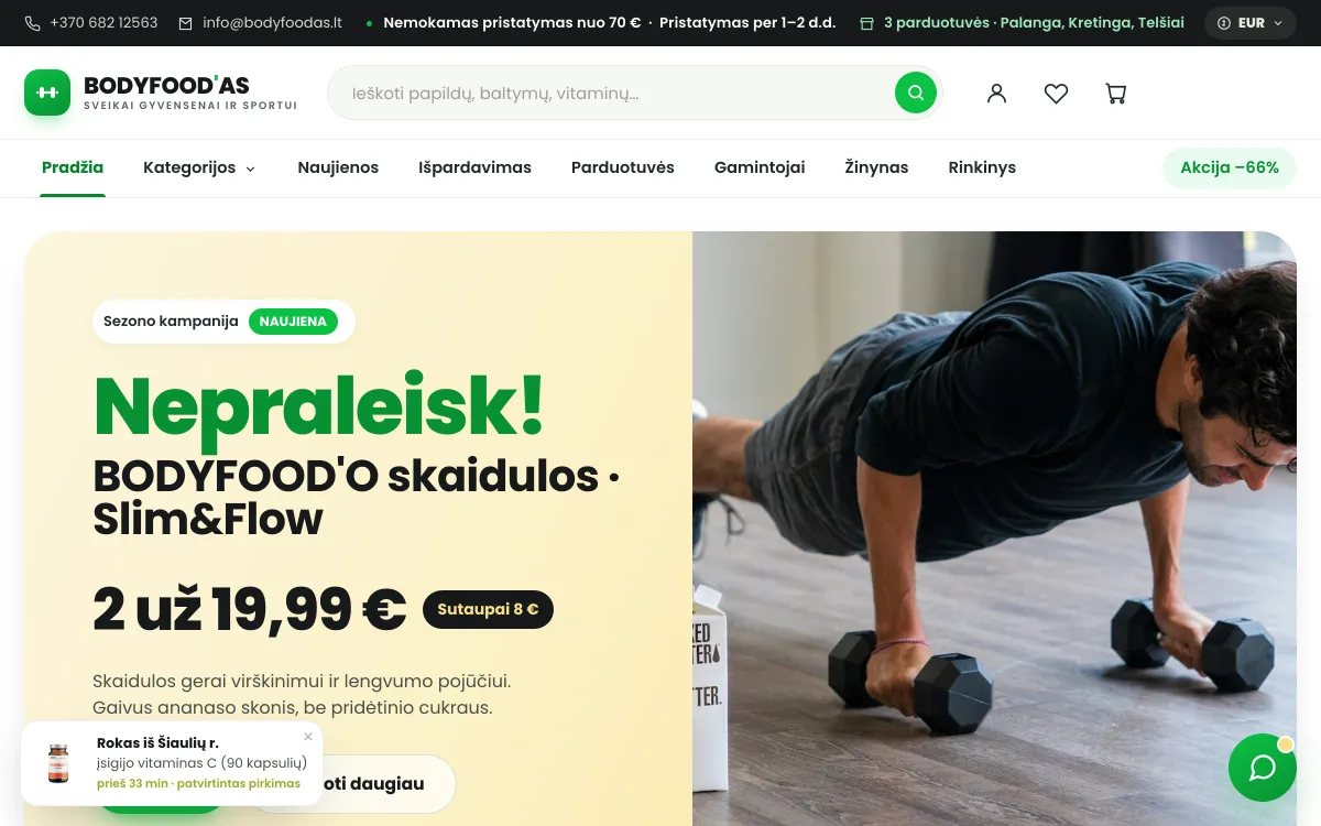 Sporto mitybos parduotuvė svetainės pradžios puslapis