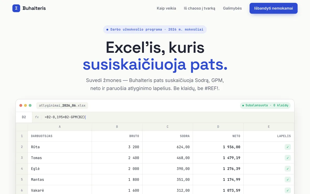 Atlyginimų programos pradžios puslapis: Excel'io kryptis
