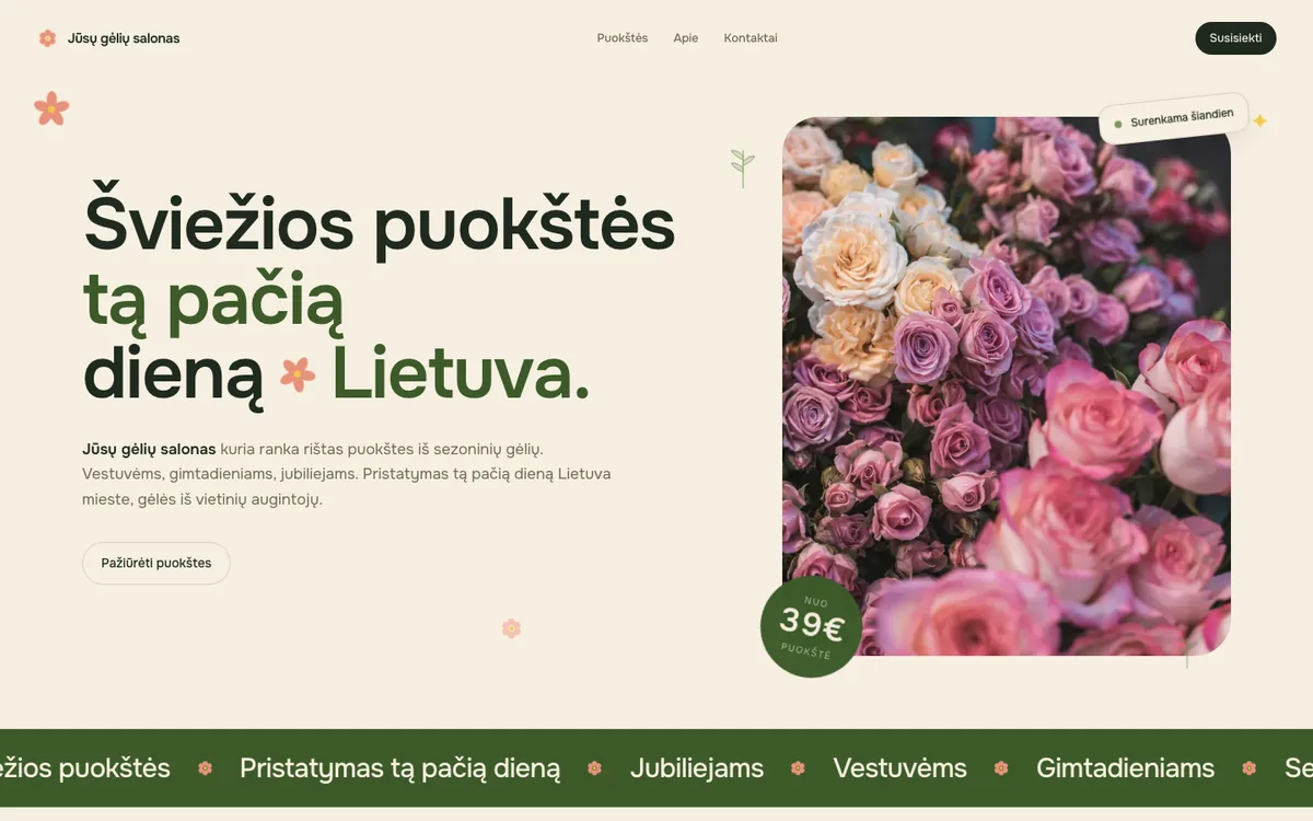 Gėlių salonas svetainės pradžios puslapis