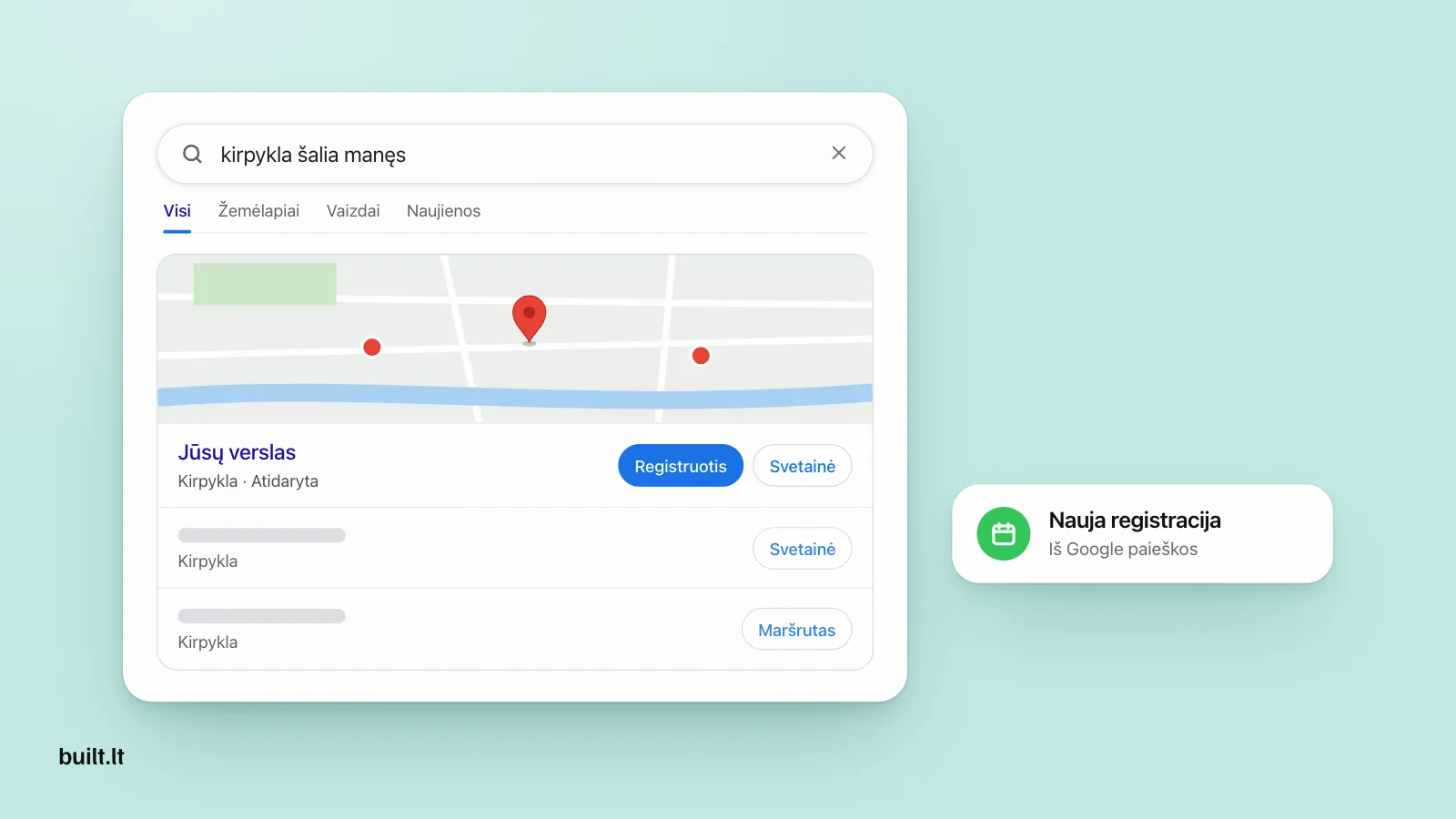 Google paieškos rezultatai „kirpykla šalia manęs“ su žemėlapiu, kur pirmas yra Jūsų verslas su mygtuku Registruotis, šalia pranešimas apie naują registraciją.