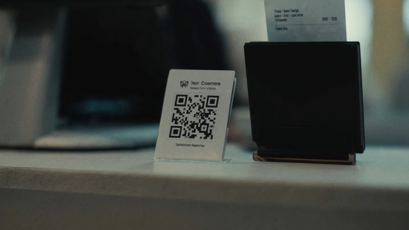 QR kodas atsiliepimams padėtas prie kasos šalia kvito laikiklio