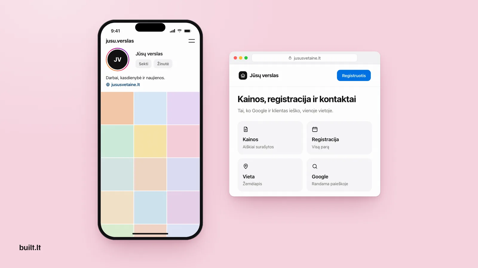 Instagram tipo profilis su nuoroda jususvetaine.lt ir šalia ta pati įmonės svetainė su kainomis, registracija, vieta ir Google paieška.