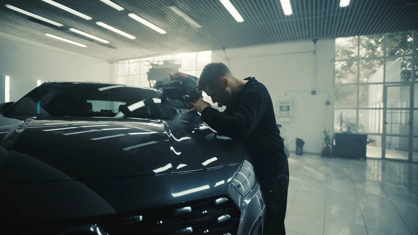 Detailing meistras poliruoja tamsaus automobilio kėbulą šviesioje studijoje, ant blizgančio lako atsispindi šviestuvai