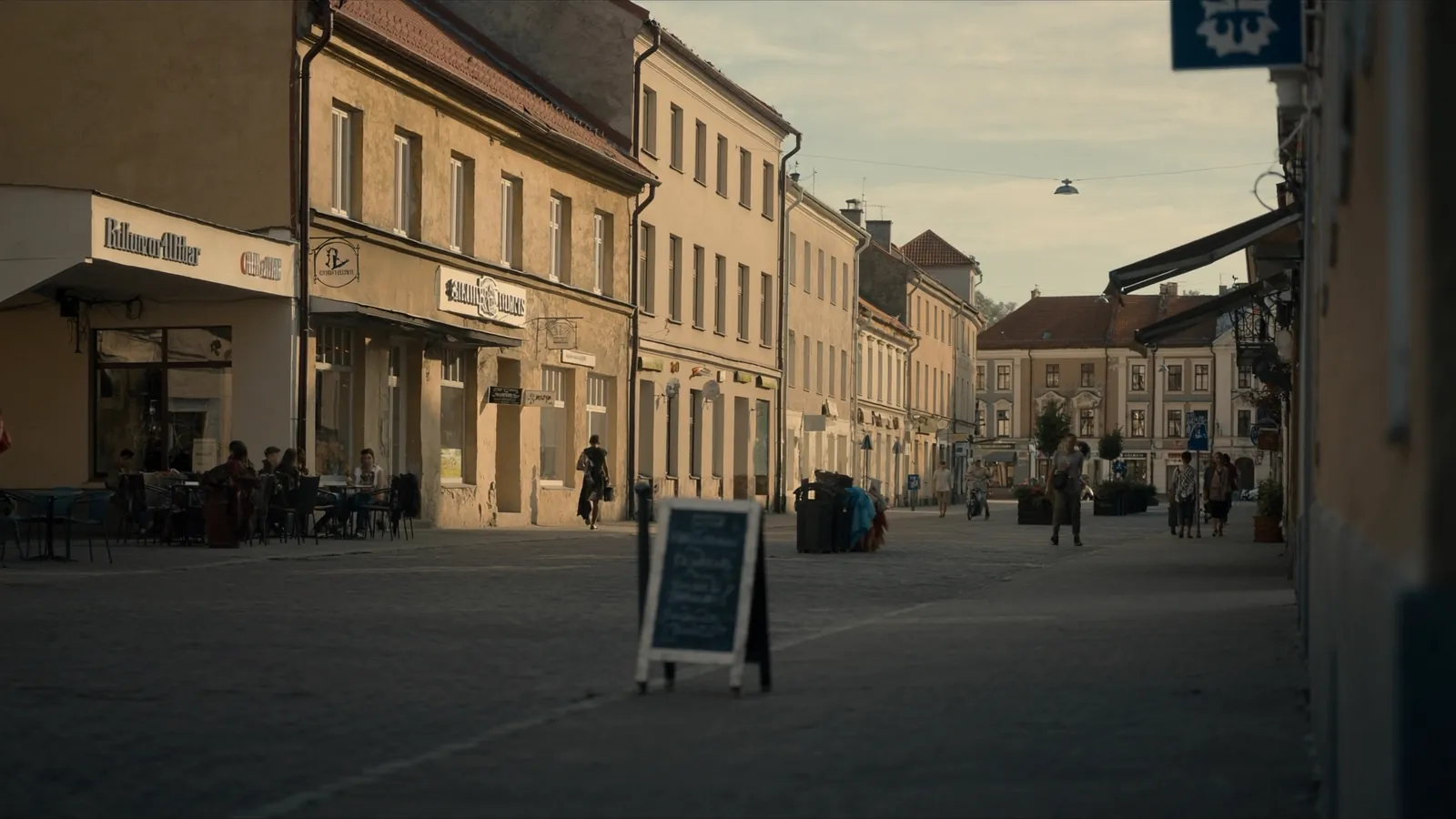 Panevėžio miesto centro gatvė su pėsčiaisiais ir kavinių terasomis šiltą vasaros dieną