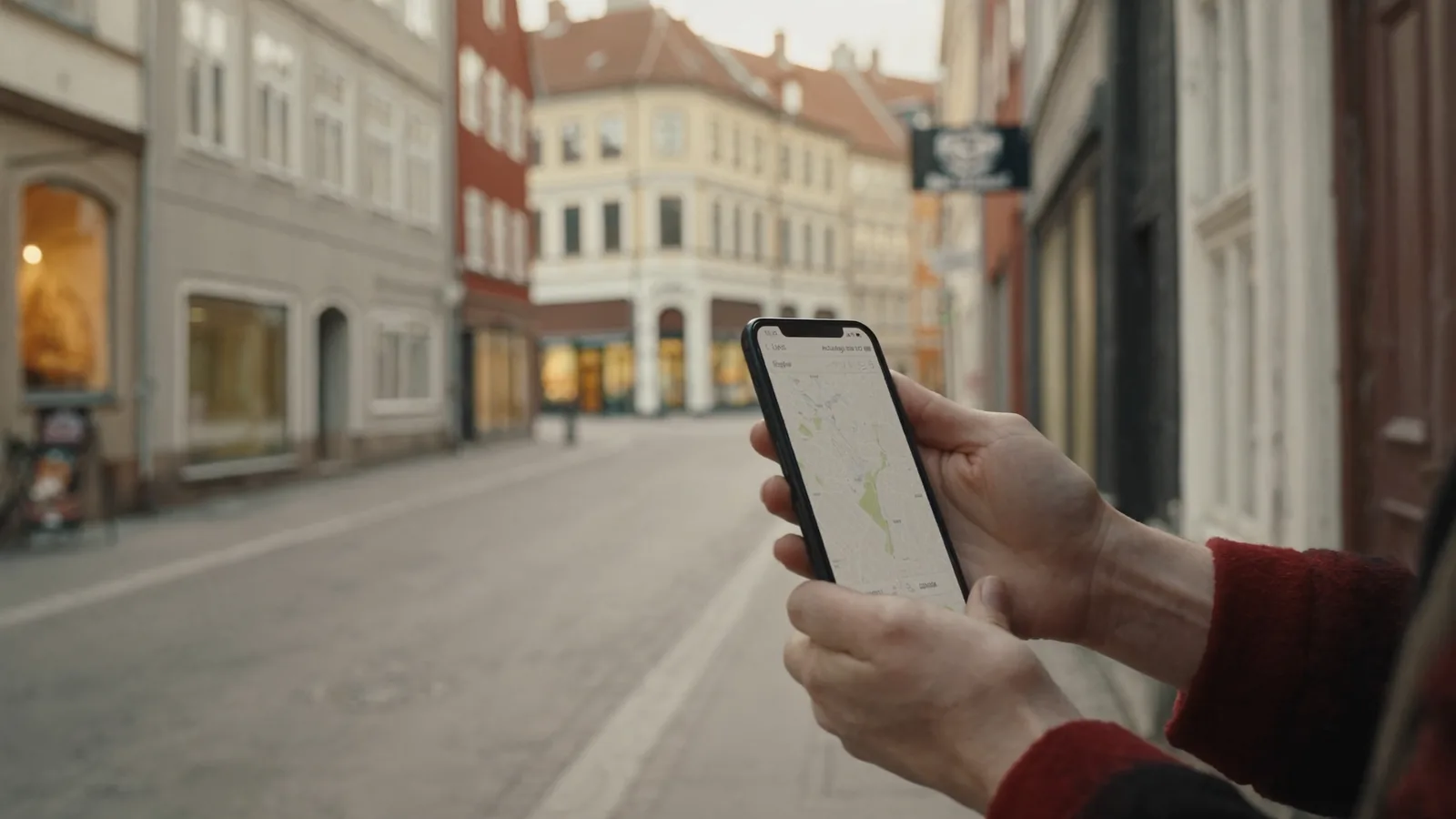 Senamiesčio gatvė su mažų parduotuvių vitrinomis ir telefonu, rodančiu žemėlapį pirmame plane